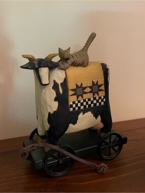 Williraye Studio-Hand Painted Black and Cream Cow Sculpture with Yellow Quilt.